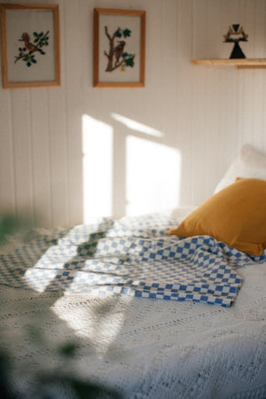 Blue checkered blanket on a bed, sun light of the wall with some frames