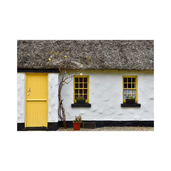 An Irish thatch roof cottage with a yellow door